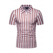 Summer Mens Stylish Vertical Stripe Printed Short Sleeve Slim Red Polo Shirt