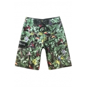 Summer Tropical Plant Bird Print Lace-Up Drawstring Waist Green Surfing Swim Shorts