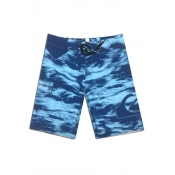 Fashion Blue Printed Beach Pants Men's Drawcord Surfing Swim Shorts with Cargo Side Pockets