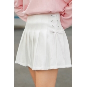 Lace Up Embellished High Waist Plain Mini Pleated Skirt