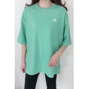 Fashion Simple Moon Embroidered Crew Neck Summer Cotton Relaxed T-Shirt
