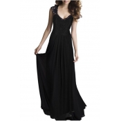Summer Chic Lace-Panelled V-Neck Simple Plain Floor Length Flared Chiffon Dress