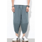 Chinese Style Summer Fashion Plain Drawstring Waist Casual Loose Linen Cropped Carrot Pants for Guys