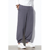 Men's Basic Simple Plain Drawstring Waist Unique Tied Gathered Cuff Bloomers Wide-Leg Pants
