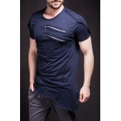 Men's Summer New Trendy Multi-Zip Embellished Plain Short Sleeve Asymmetric Hem Hip Hop Fitted T-Shirt