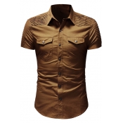 New Stylish Pleated Shoulder Short Sleeve Basic Plain Slim Fit Button-Up Work Shirt for Men