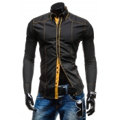 Men's Stylish Contrast Stitching Long Sleeve Slim Fitted Button-Down Shirt