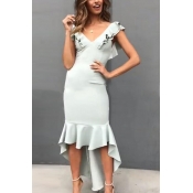 Women's New Trendy Plain V-Neck Ruffled Hem Sleeveless Dipped Hem Bodycon Asymmetrical Dress