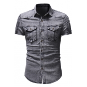 Guys Cool Stylish Pleated Short Sleeve Double-Pocket Front Slim Button-Up Work Shirt Denim Shirt