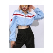 Contrast Striped Stand Up Collar Long Sleeve Elastic Waist Zip Up Cropped Jacket