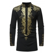 Retro African Style Printed Stand-Collar Long Sleeve Four-Button Longline Shirt for Men