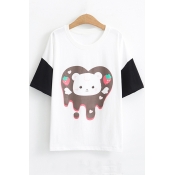Summer Cute Cartoon Bear Printed Round Neck Short Sleeve Relaxed T-Shirt