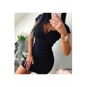 New Stylish Button Front Scoop Neck Short Sleeve Solid Color Mini Bodycon Dress