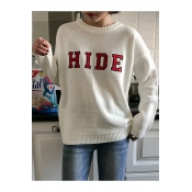 Fashion Letter HIDE Embroidered Crewneck Long Sleeve Loose Fitted Sweater
