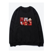 Comic Character Printed Basic Round Neck Long Sleeve Pullover Cotton Sweatshirt