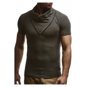 Mens Unique V Zip Embellished Stand-Collar Short Sleeve Plain Fitted T-Shirt