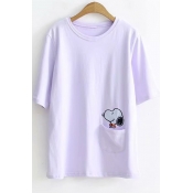 Cartoon Snoopy Dog Embroidered Pocket Round Neck Loose Fitted T-Shirt