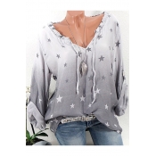 Hot Fashion Star Print Ombre V-Neck Long Sleeve Loose Blouse
