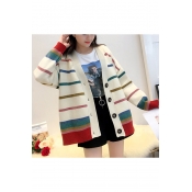 Colorful Striped Printed Collarless Button Closure Long Sleeve Cardigan