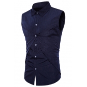 Men's New Stylish Cool Sleeveless Simple Plain Slim Fit Button-Up Shirt