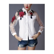 Chic Floral Embroidered Sheer Mesh Panel Long Sleeve Button Down Shirt