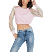 Stylish Sheer Mesh-Panelled Long Sleeve Round Neck Cropped Pullover Sweatshirt