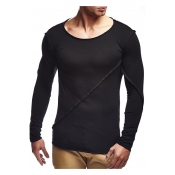 Men's Simple Plain Fashion Frayed Hem Patchwork Round Neck Long Sleeve Slim Fit T-Shirt