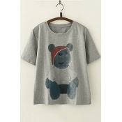 Cute Teddy Bear Printed Basic Short Sleeve Round Neck Loose Fit T-Shirt