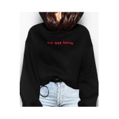 HELL WAS BORING Letter Embroidered Long Sleeve Hoodie