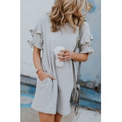 New Fashion Ruffled Short Sleeve Round Neck Simple Plain Mini Grey T-Shirt Dress