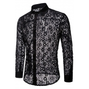 Men's Trendy Night Club Fashion Sexy See-Through Lace Slim Fitted Silk Party Shirt