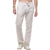 Mens Retro Chinese Style Tied-Waist Simple Plain Loose Fit Straight Linen Pants
