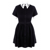 Simple Moon Printed Collar Short Sleeve Button Front Mini A-Line Pleated Black Dress