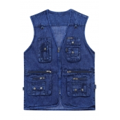 Stylish Multi-Pocket V-Neck Zip Closure Photography Blue Denim Vest