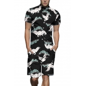 Stylish Allover Crane Printed Short Sleeve Black One Piece Suit Shirt Workwear Rompers for Guys