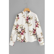 Fashion Floral Stripes Printed Stand Collar Long Sleeve Blouse for Women