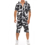Men's Outdoor Fashion Camo Printed Short Sleeve Hoodie Sport Loose Zip Up Relaxed Fit Rompers