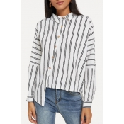Fashionable Irregular Stripes Print Design Offset Button Closure White Shirt