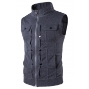 Fashion Mens Stand-Collar Button Embellished Zip Closure Sleeveless Fitted Sweatshirt Vest