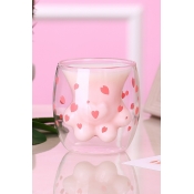 Cute Cartoon Pink Heart-Shaped Cat Paw Double-Decker Glass Mug Cup for Gift