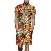 Summer Fashion Creative Cartoon Comic Printed Short Sleeve Button-Front Shirt Work Rompers for Men
