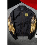 Trendy Gold Wing Embroidery Long Sleeve Stand-Collar Zip Up Unisex Bomber Jacket