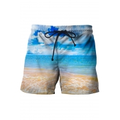 Summer Blue Sky 3D Printed Drawstring Waist Men's Beach Casual Swim Shorts