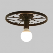 Black Wheel Ceiling Light with Open Bulb Single Light Metal Semi Flush Mount
