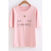 Cartoon Cute Cat Heart Embroidered Patchwork Relaxed Fit Short Sleeve Round Neck T-Shirt