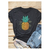 Fashion Pineapple Pattern Round Neck Short Sleeve Dark Grey T-Shirt