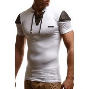Mens Summer New Fashion Lace-Up Stand Collar Zip Patched Short Sleeve Slim Fit T-Shirt