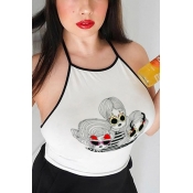Sexy Cartoon Figure Printed White Halter Cropped Cami Top