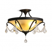 Antique Bowl Semi-Flush Mount Light Metal 3 Lights Black Ceiling Lamp with Clear Crystal for Bedroom