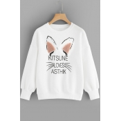 Lovely Cat Ear Fur Embellishing Letters KITSUNE LOVES ASTHIK Printed Long Sleeve White Sweatshirt